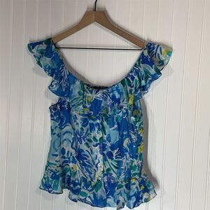 Lauren Ralph Lauren Silk Ruffle Top 14 Blue Floral Blouse Resort Vacation Chic